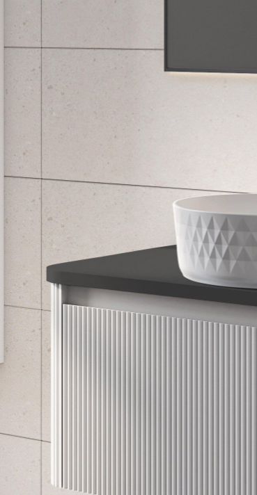 Jack 600mm Ribbed Floorstanding Vanity Unit with Drawers in White with Black Worktop N23