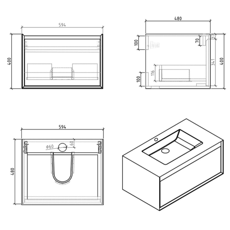 Tawny 600mm Wall Hung Vanity Unit with Black Resin Basin in Natural Oak