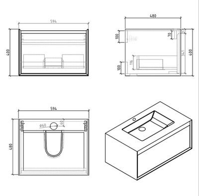 Tawny 600mm Wall Hung Vanity Unit in White & Oak with White Basin