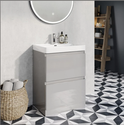 Nancy 600mm Floor Standing Vanity Unit & Composite Resin Basin in Light Grey Gloss