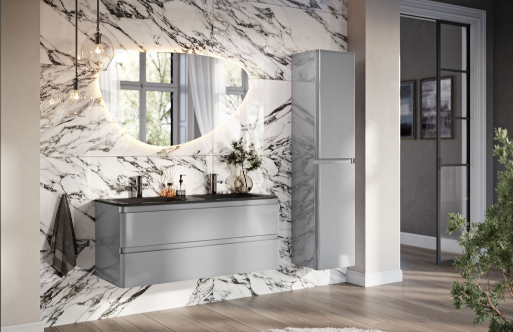 Nancy 1200mm Wall Hung Vanity Unit with Grey Glass Basin in Light Grey Gloss