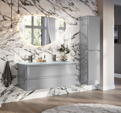 Nancy 1200mm Wall Hung Vanity Unit with Opal Glass Basin in Light Grey Gloss