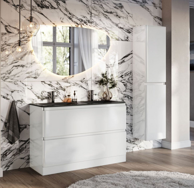 Nancy 1200mm Floor Standing Vanity Unit with Grey Glass Basin in White Gloss