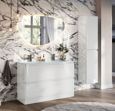 Nancy 1200mm Floor Standing Vanity Unit with Opal Glass Basin in White Gloss