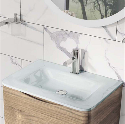 Montana 600mm Floorstanding Vanity Unit in Light Oak & White Glass Basin