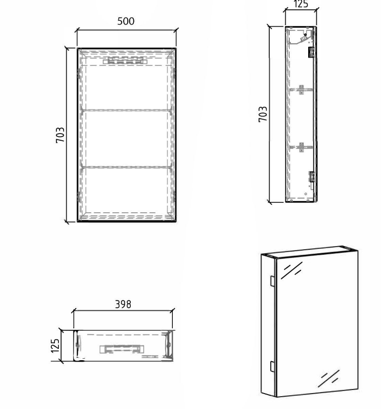 Aurora 500mm Single Door Mirrored Cabinet