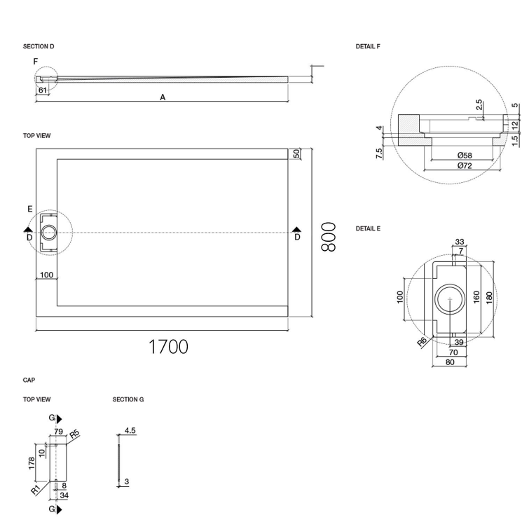 Honey Anthracite Slate Effect Shower Tray – 1700x800mm inc waste