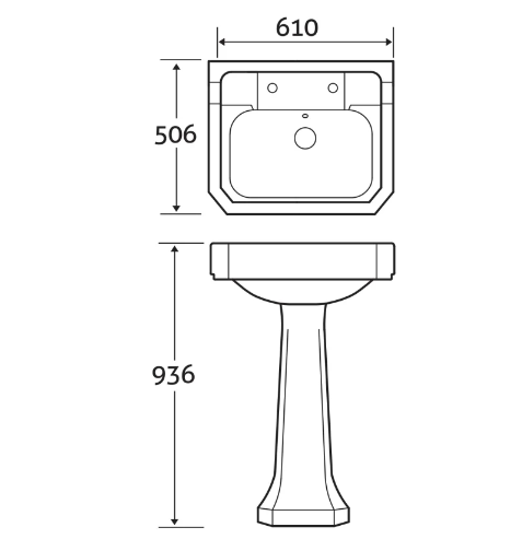 Elizabeth Traditional 610mm Basin & Pedestal, 2 Tap Hole