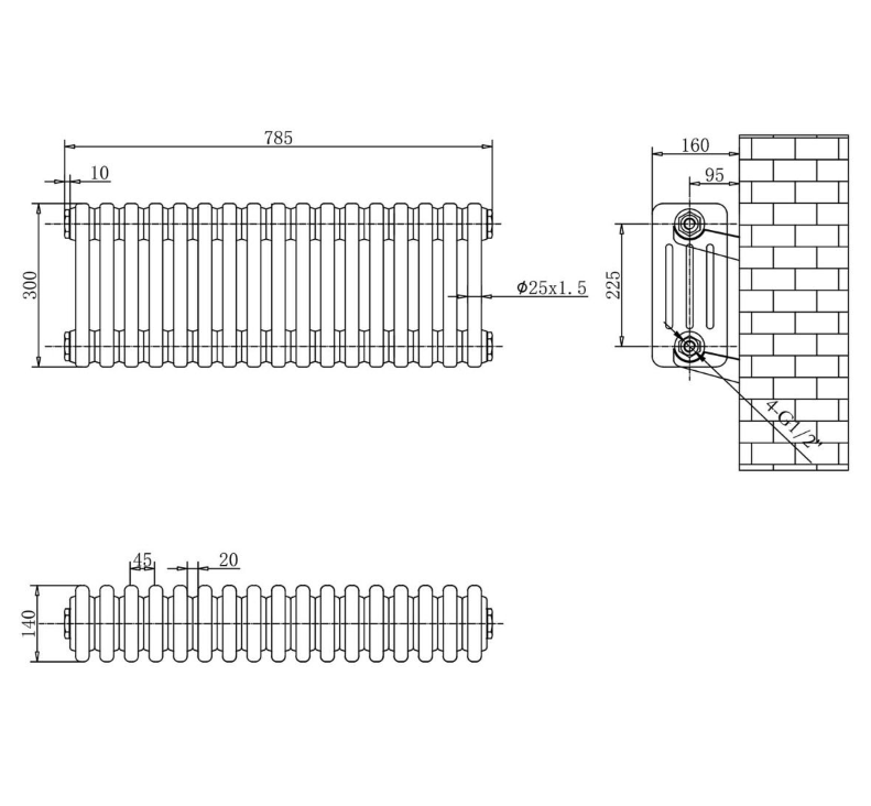 Nevada Quadruple Horizontal Column Radiator - 300x785mm - Grey