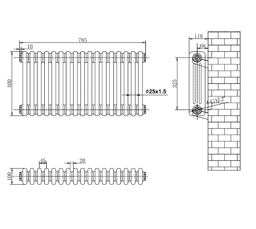 Nevada Quadruple Horizontal Column Radiator - 400x785mm - Grey