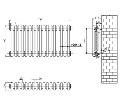 Nevada Quadruple Horizontal Column Radiator - 400x785mm - Grey