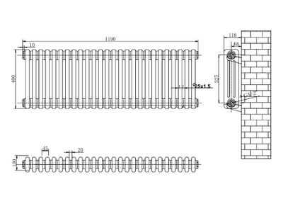 Nevada Quadruple Horizontal Column Radiator - 400x1190mm - Grey