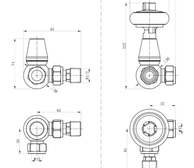 Wooden Head Corner Pair of Radiator Valves - Satin Nickel N24