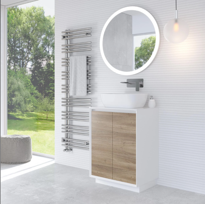 Tawny 600mm Floor Standing Vanity Unit in White & Oak with White Worktop N24