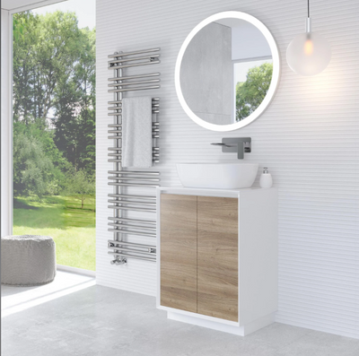 Tawny 600mm Floor Standing Vanity Unit in White & Oak with White Worktop N24