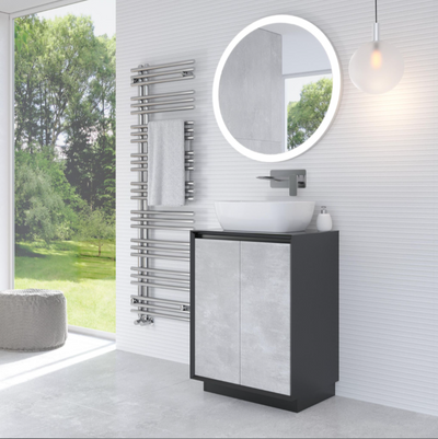 Tawny 600mm Floor Standing Vanity Unit in Black & Concrete with Black Worktop N24