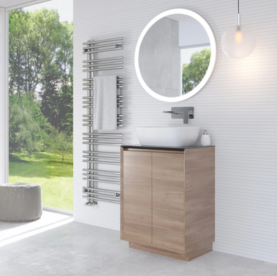 Tawny 600mm Floor Standing Vanity Unit in Natural Oak with Black Worktop N24