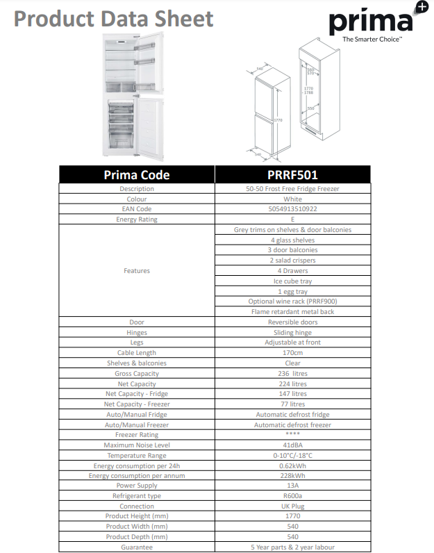 Prima 50/50 B/I FROST FREE FRIDGE FREEZER PRRF501