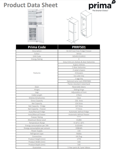 Prima 50/50 B/I FROST FREE FRIDGE FREEZER PRRF501