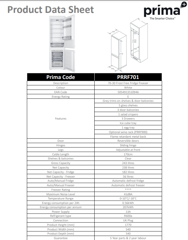 Prima 70/30 FROST FREE FRIDGE FREEZER PRRF701