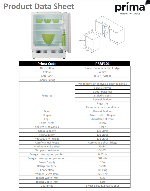 Prima UNDER COUNTER LARDER FRIDGE PRRF101