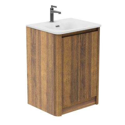 Jack 600mm Ribbed Floorstanding Vanity Unit with Doors in Walnut with Black Basin N24