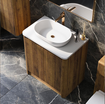 Jack 800mm Ribbed Floorstanding Vanity Unit with Doors in Walnut with White Worktop N24