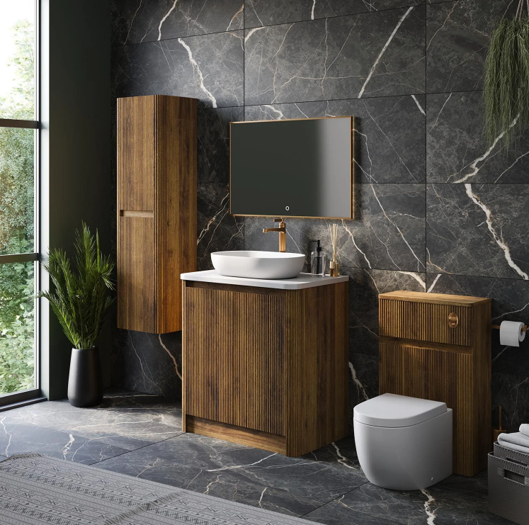 Jack 800mm Ribbed Floorstanding Vanity Unit with Doors in Walnut with Black Worktop N24