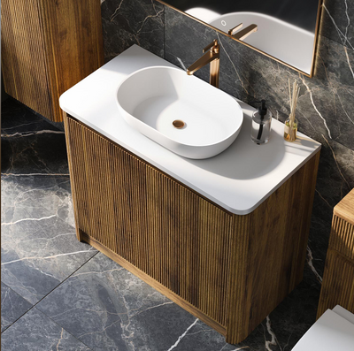 Jack 1000mm Ribbed Floorstanding Vanity Unit with Doors in Walnut with White Worktop N24