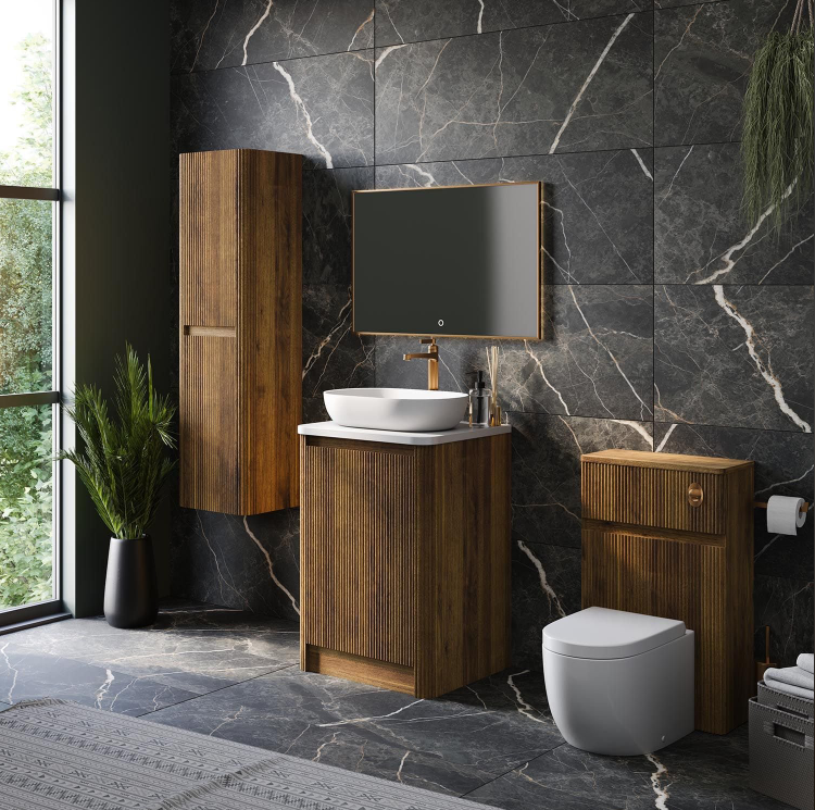Jack 600mm Ribbed Floorstanding Vanity Unit with Doors in Natural Oak with Black Worktop N24