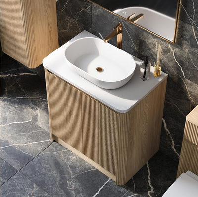 Jack 800mm Ribbed Floorstanding Vanity Unit with Doors in Natural Oak with White Worktop N24