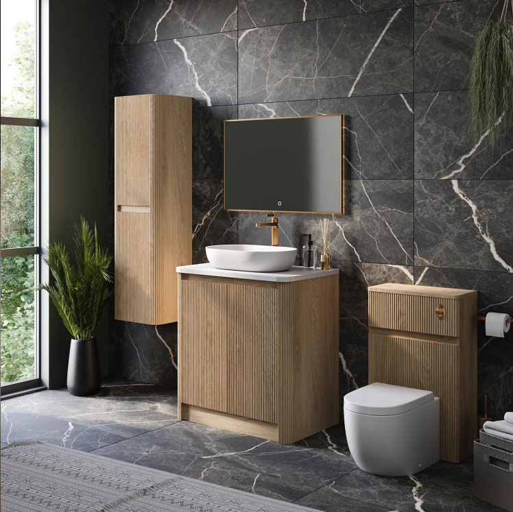 Jack 800mm Ribbed Floorstanding Vanity Unit with Doors in Natural Oak with Black Worktop N24