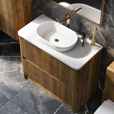 Jack 1000mm Ribbed Floorstanding Vanity Unit with Drawers in Walnut with White Worktop N24