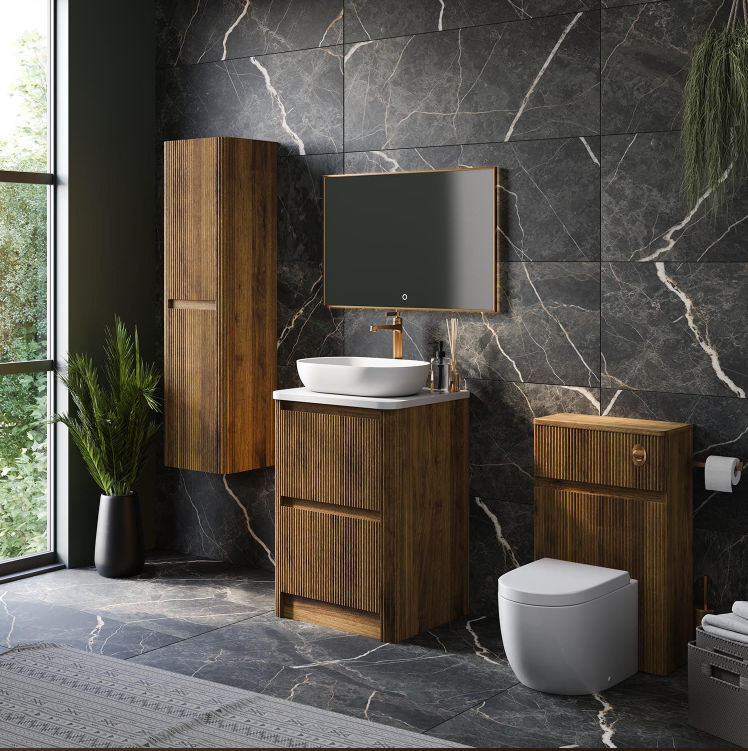 Jack 600mm Ribbed Floorstanding Vanity Unit with Drawers in Walnut with Black Worktop N24