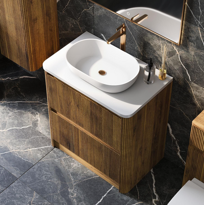 Jack 800mm Ribbed Floorstanding Vanity Unit with Drawers in Walnut with White Worktop N24