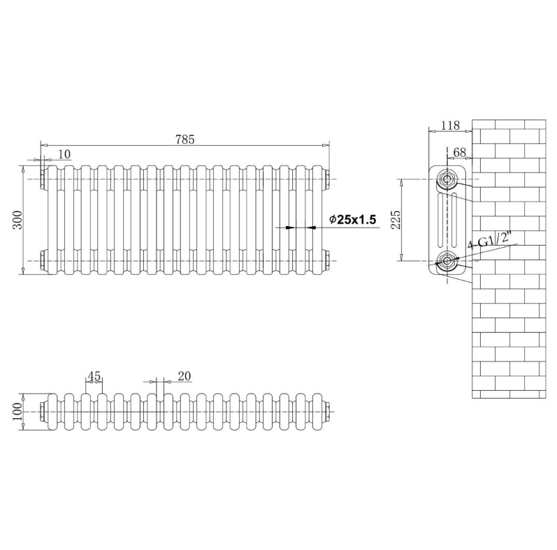 Nevada Grey Triple Horizontal Column Radiator - 300mm