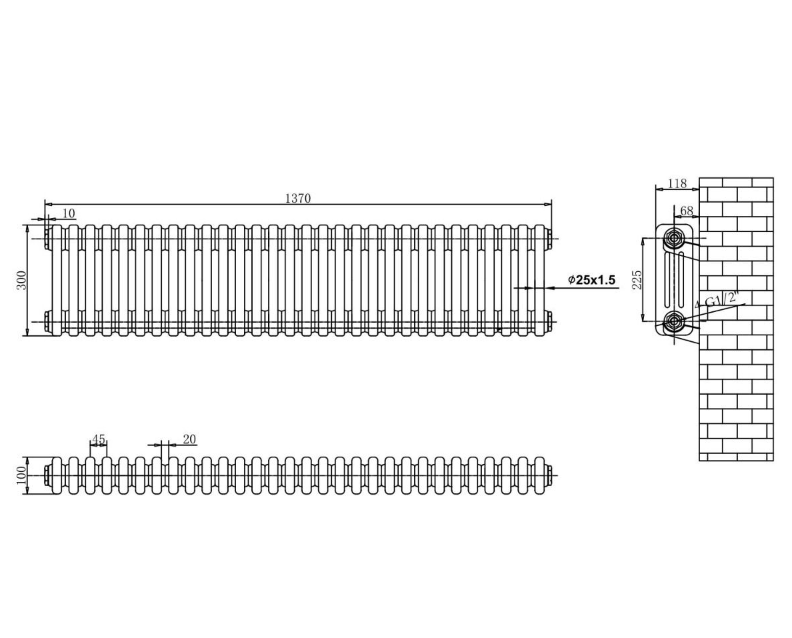Nevada Grey Triple Horizontal Column Radiator - 300mm