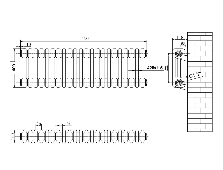 Nevada White Triple Horizontal Column Radiator - 400mm