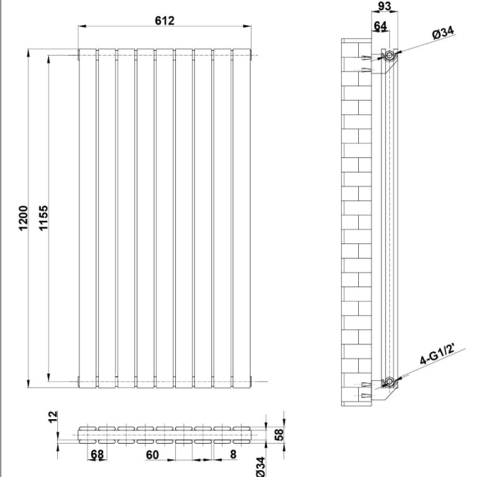 Michigan Grey Double Vertical Flat Panel Radiator - 1200x612mm