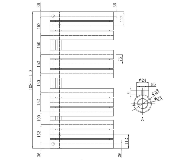 Alpha Brushed Gold Heated Towel Rail - 1080x550mm