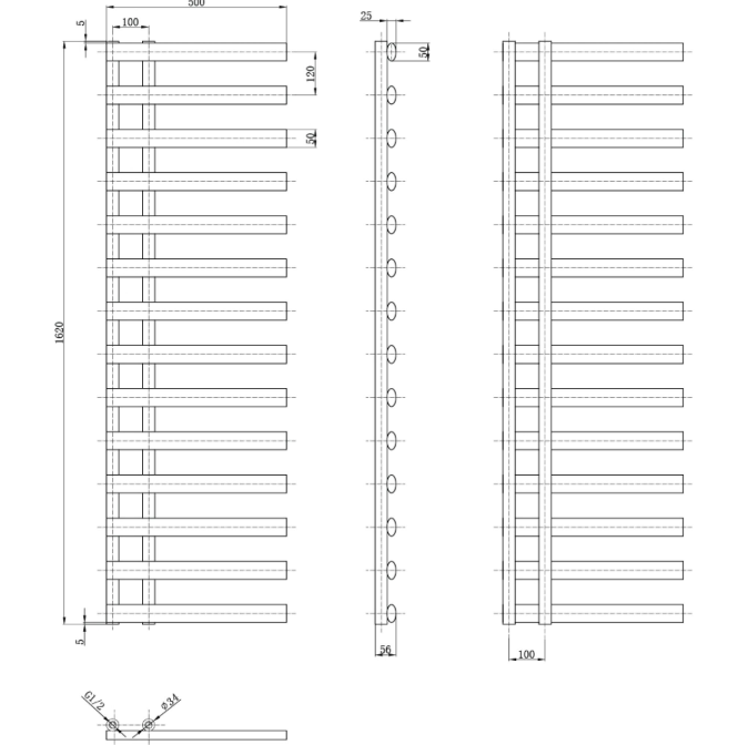Massachusetts 1610 x 500mm Vertical Radiator - Black