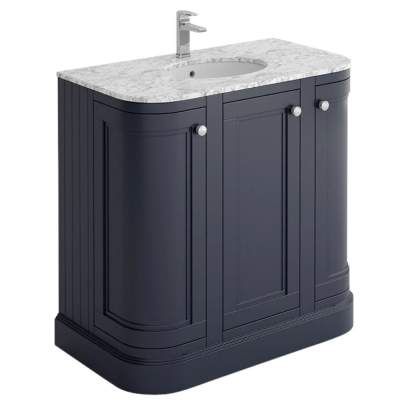 Louise 900mm Curved Vanity Unit in Midnight Grey with Marble Top and Ceramic Basin