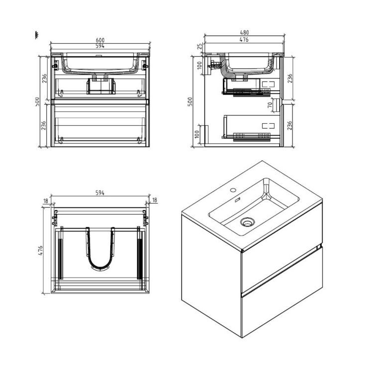 Venice Wall Mounted Vanity Unit Concrete & Black Resin Basin 600mm