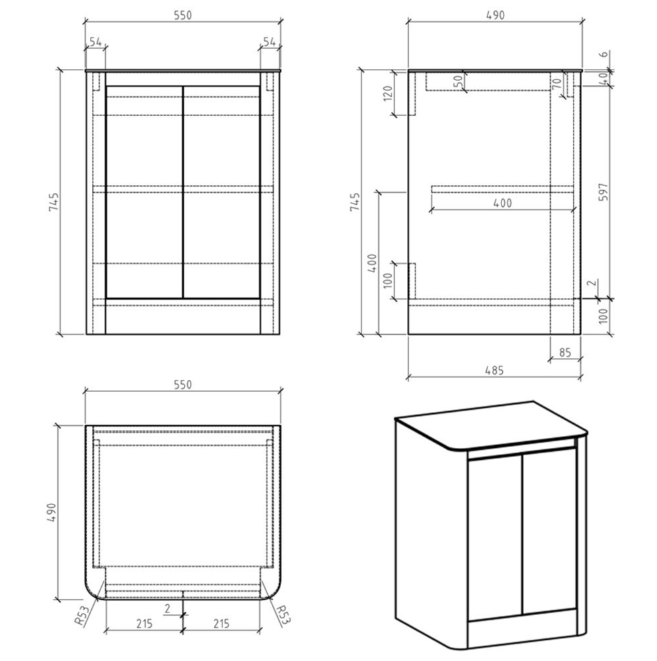 Lucy 550mm Floor Standing Vanity Unit in Gloss White with Grey Marble Worktop