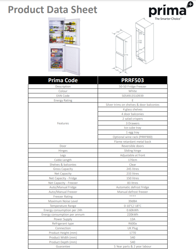 Prima 50/50 B/I FRIDGE FREEZER PRRF503