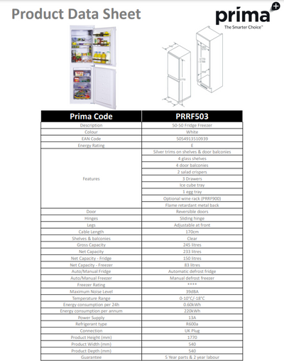 Prima 50/50 B/I FRIDGE FREEZER PRRF503