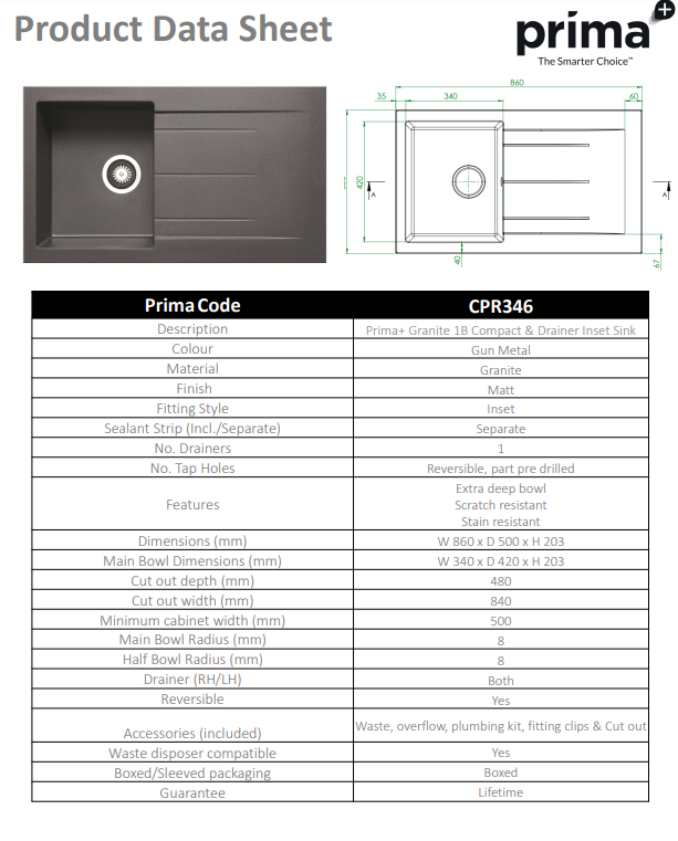 Prima+ 1 Bowl Granite Reversible Compact Inset Sink with Drainer - Gunmetal - CPR346