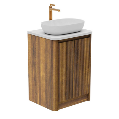 Jack 600mm Ribbed Floorstanding Vanity Unit with Doors in Walnut with Black Worktop N24