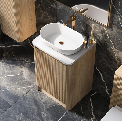 Jack 600mm Ribbed Floorstanding Vanity Unit with Doors in Natural Oak with White Worktop N24