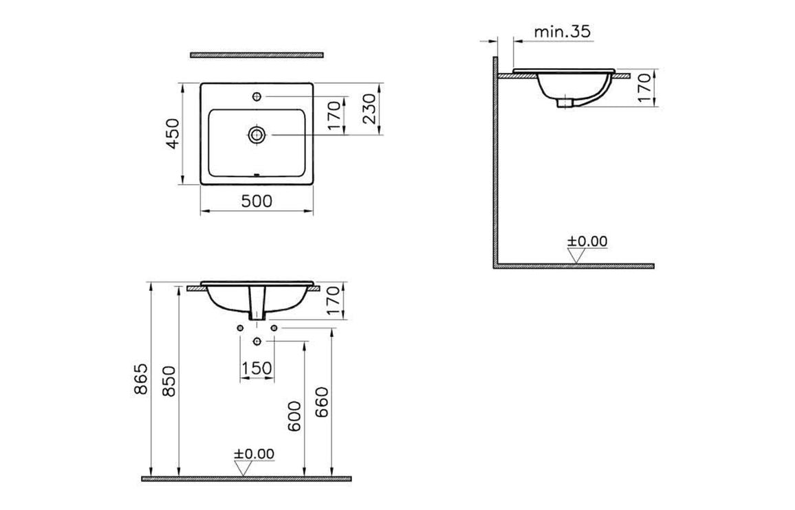 VitrA S20 550x445mm 2TH Semi Recessed Basin - White VTPB1294